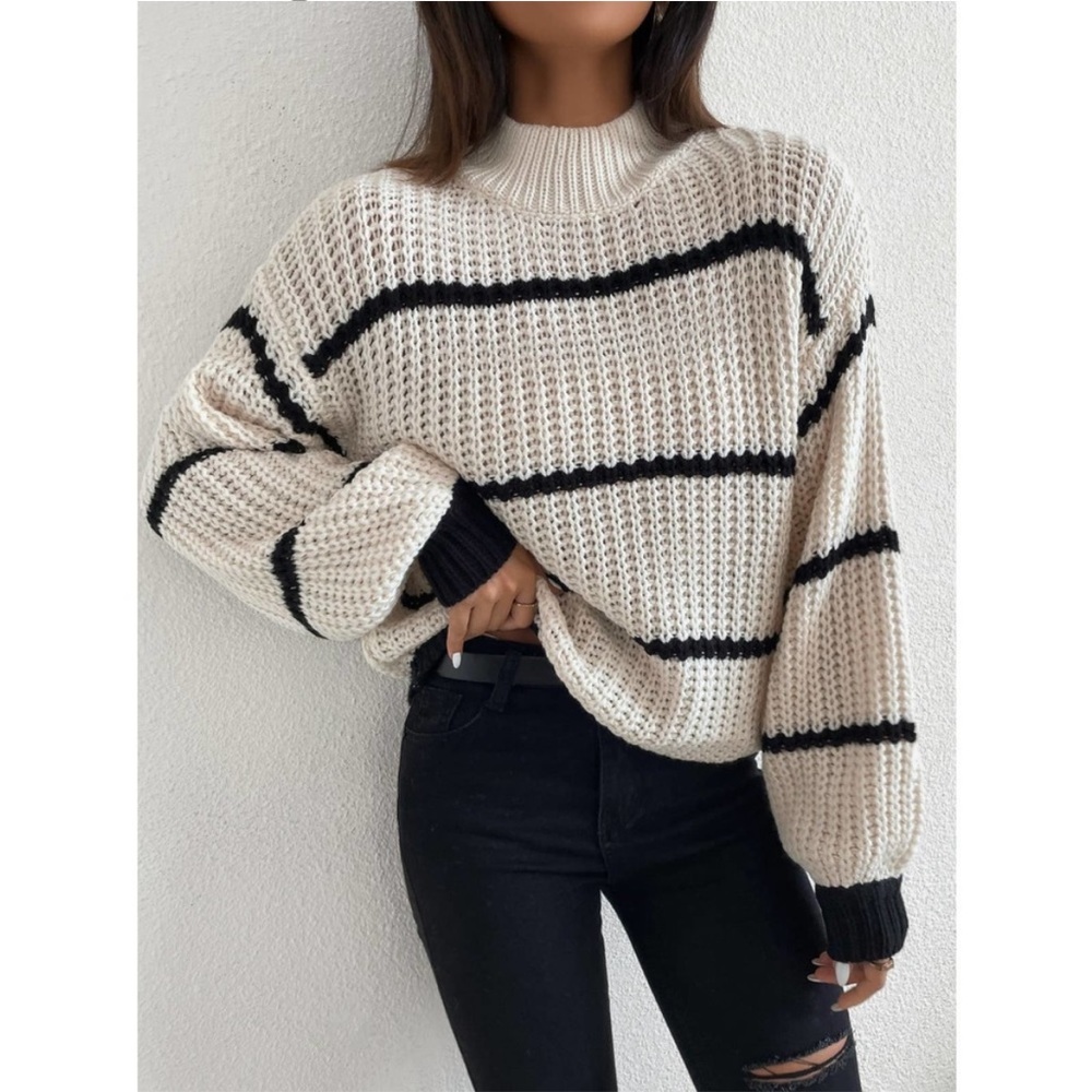 Striped Mock Neck Drop Shoulder Turtleneck Sweater